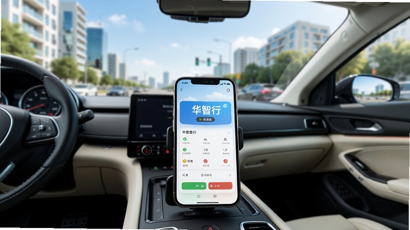 一辆现代轿车行驶在城市道路上,车内中控台放置手机显示华智行应用界面,画面主体位于前景中央,背景为柔和虚化的城市街景与蓝天,整体风格写实明亮,突出手机屏幕与车辆环境的融合