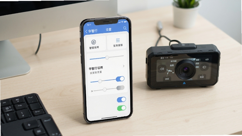 手机界面展示华智行应用的设置页面,包含多个参数调节选项与开关按钮,界面简洁现代,背景为浅色办公桌面,旁边放置行车记录仪设备,整体画面整洁有序