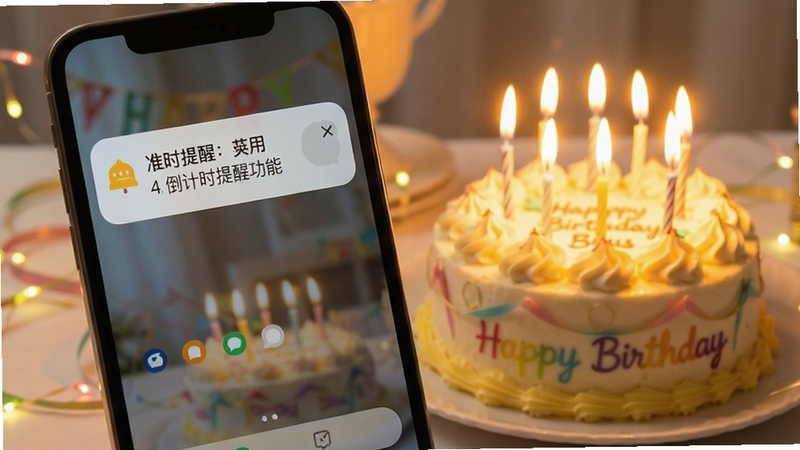 生日纪念日倒计时提醒功能展示,画面中手机屏幕弹出提醒通知,背景为温馨的生日蛋糕与蜡烛场景,整体色调明亮柔和,体现准时提醒的实用价值