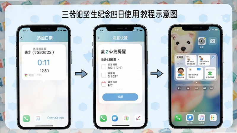 生日纪念日使用教程示意图,画面展示手机屏幕分步操作界面,包含添加日期、设置提醒、桌面小组件三个画面并列,背景简洁浅色,突出操作流程清晰易懂