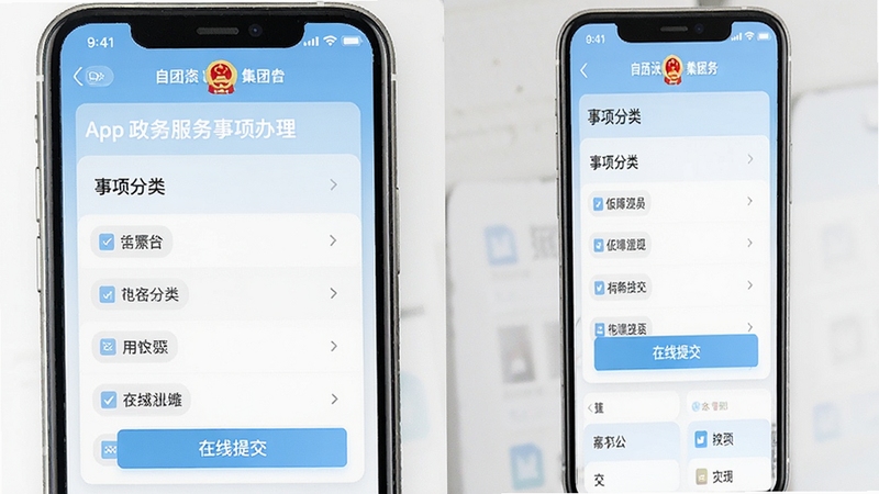 自然资源集团App政务服务事项办理页面,手机界面显示事项分类列表与在线提交按钮,背景为浅蓝色政务风格,画面干净整洁
