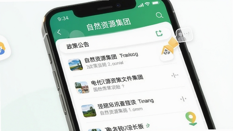 自然资源集团App资讯公告页面,手机屏幕显示政策文件列表与推送提醒图标,背景为白色与绿色搭配的清爽风格