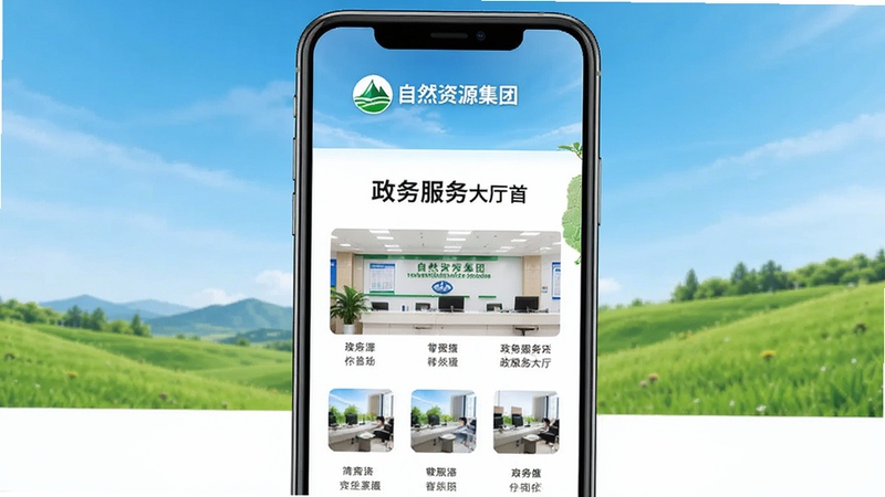 自然资源集团App官方主界面展示图,画面中央为手机屏幕内呈现政务服务大厅首页,上方有自然资源集团标识与蓝天绿地背景,整体风格简洁官方,适配Boogu模型生成