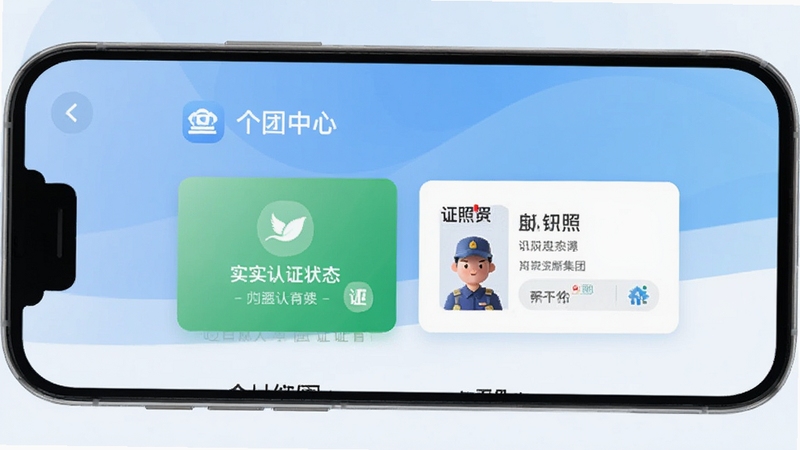 自然资源集团App个人中心页面,手机屏幕显示实名认证状态与证照卡片,背景为柔和蓝白渐变风格