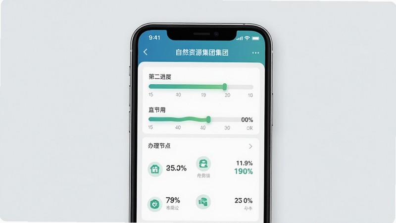 自然资源集团App业务进度查询界面,手机屏幕显示进度条与办理节点状态,背景为浅灰色简约风格