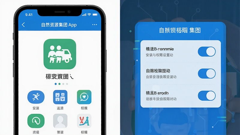 自然资源集团App安装与权限设置示意图,画面展示手机安装界面与权限开关面板,风格为扁平化科技蓝,细节清晰