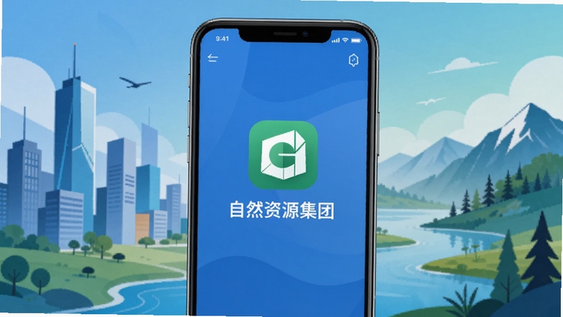 自然资源集团移动应用整体界面展示,手机屏幕中呈现蓝色调办公首页,背景为城市与自然山水融合的抽象插画,画面中央放置自然资源集团应用图标与名称,整体风格简洁商务,适配Boogu模型生成