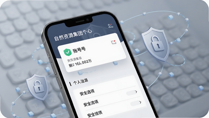 自然资源集团个人中心与安全设置界面,手机屏幕显示账号信息卡片与安全选项列表,背景为柔和灰色调,画面带有盾牌与锁形图标元素,体现安全防护概念,风格沉稳专业