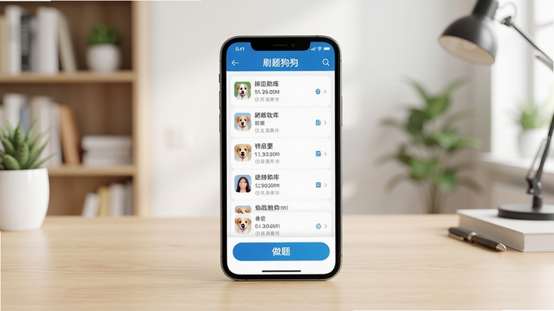房地产经纪人刷题狗软件主界面全貌展示,手机屏幕居中放置于浅色木质桌面,背景为整洁的书房环境,画面明亮清新,突出题库列表与做题按钮,整体风格专业且亲和