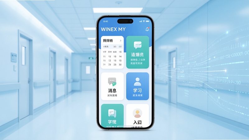 WiNEX MY 应用整体界面展示,画面中央为一部竖屏智能手机,屏幕内呈现医疗协同应用的首页卡片布局,包含排班、消息、学习入口等模块,背景为简洁的浅蓝色医疗科技风格空间,左侧有淡化的医院走廊轮廓,右侧有数据流动线条,整体色调清爽专业,适配 Boogu 图像生成模型,比例 16:9