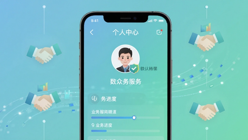 数字众智服务平台合伙人服务专区界面,手机屏幕显示带有头像、认证标识与业务进度条的个人中心页面,背景为柔和的蓝绿色渐变,点缀抽象的握手合作图标与数据流光效,体现信任与协作氛围,适配Boogu模型生成