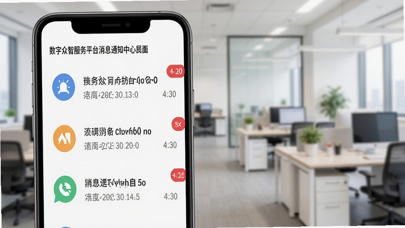 数字众智服务平台消息通知中心界面,手机屏幕展示带有红色未读角标的消息列表,每条消息配有图标与时间戳,背景为浅色办公环境虚化处理,突出通知提醒的及时性与清晰度,适配Boogu模型生成
