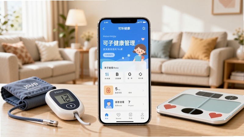 画面主体为一部智能手机居中摆放,屏幕显示可孚健康应用首页界面,周围环绕血压计、血糖仪、体脂秤等家用健康设备,背景为明亮温馨的居家客厅环境,整体风格清新写实,色彩柔和,突出家庭健康管理主题