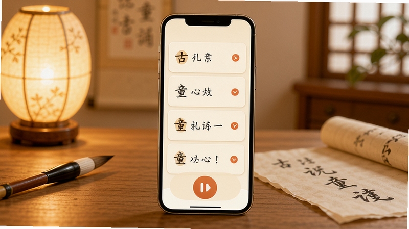 儿童古诗词朗诵宝软件主界面展示,画面中央是手机屏幕,屏幕内呈现古诗词卡片列表与播放按钮,背景为柔和的书房场景,暖色调灯光,桌面摆放毛笔与宣纸,整体风格温馨简洁,突出儿童诗词学习氛围