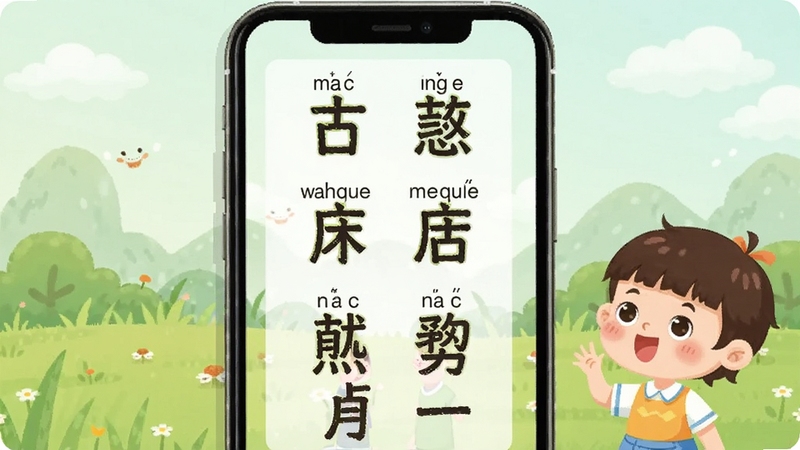 儿童古诗词朗诵宝拼音大字显示界面,画面展示手机屏幕内一首古诗的拼音标注与大字正文,旁边有卡通儿童形象正在跟读,背景为浅绿色自然场景,风格清新童趣