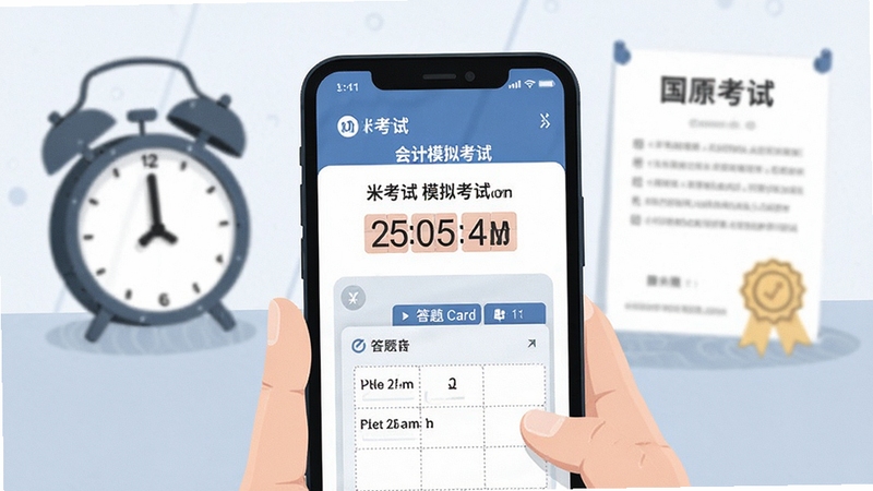 米考试考会计模拟考试界面,手机显示倒计时与答题卡,背景有闹钟和成绩单元素,简洁商务风格插画