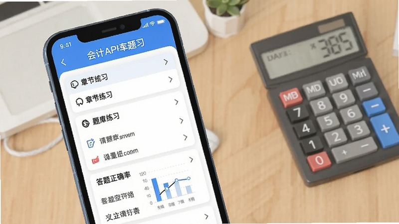 米考试考会计手机APP题库练习界面,蓝色清爽风格,手机屏幕展示会计考试章节练习列表与答题正确率统计图表,背景为书桌与计算器,扁平化插画风格
