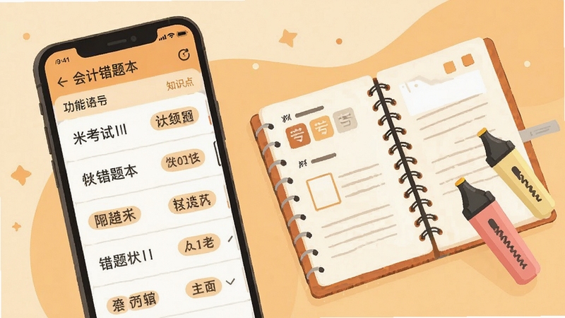 米考试考会计错题本功能展示图,手机界面呈现错题列表与知识点标签,旁边有笔记本和荧光笔元素,温暖色调扁平插画