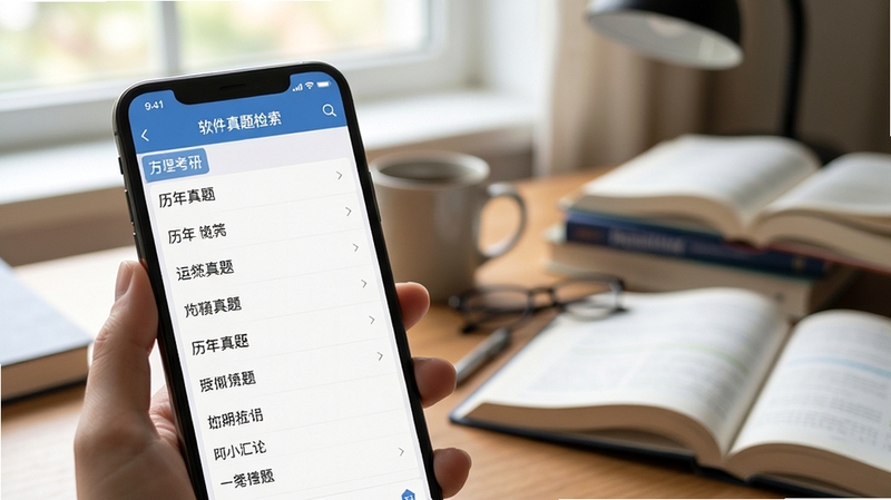 心理学考研软件真题检索界面,手机屏幕展示分类清晰的历年真题列表,背景为书桌与教材,柔和自然光,学习氛围浓厚