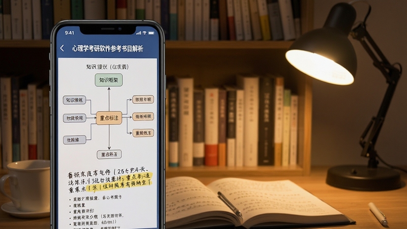 心理学考研软件参考书目解析页面,手机显示知识框架图与重点标注,背景为书架与阅读灯,安静的学习角落