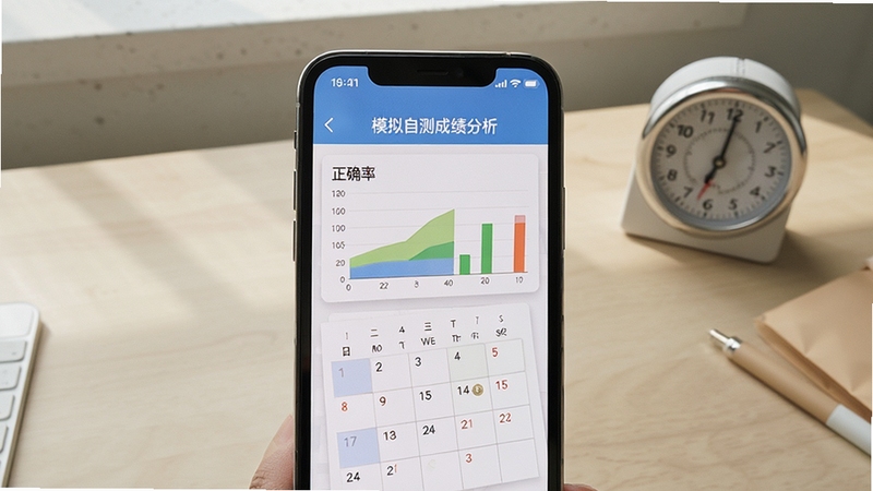 心理学考研软件模拟自测成绩分析界面,手机屏幕显示正确率图表与进度日历,背景为简约书桌与计时器