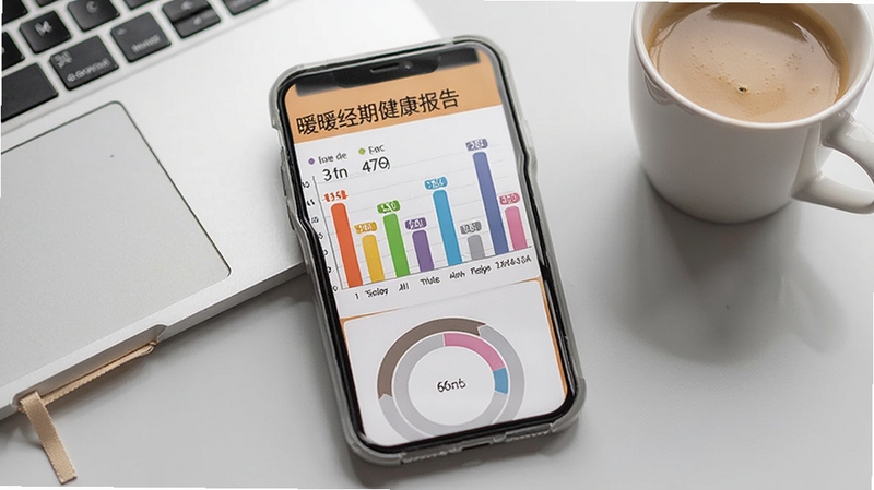 暖暖经期健康报告页面展示,手机屏幕呈现彩色柱状图与环形图,数据标签清晰可见,背景为浅灰色办公桌面,有笔记本与咖啡杯点缀,整体风格专业且温馨
