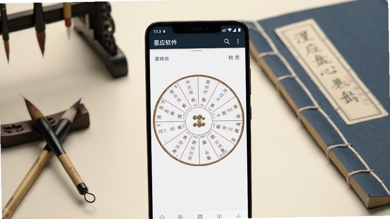 画面主体为一部竖屏安卓手机,屏幕中央显示墨应软件的排盘界面,盘面格子清晰、文字排列整齐;背景为浅色书桌区域,摆放毛笔与线装书,整体色调温润雅致,构图简洁突出手机屏幕内容,适合软件下载站展示使用