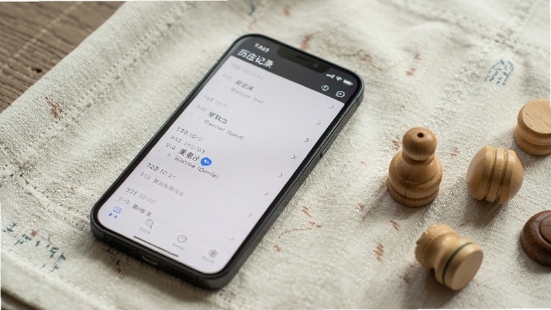手机屏幕显示墨应软件的历史记录列表页面,多条记录按时间排列,界面简洁;手机放在浅色布面上,旁边有几枚木质棋子作为点缀,光线柔和,整体画面安静有序