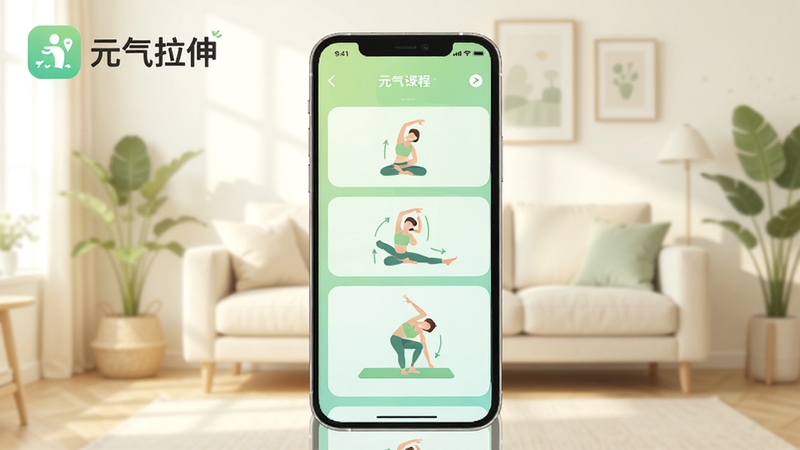 元气拉伸应用主界面展示,画面中央是一部竖屏智能手机,屏幕上显示柔和渐变绿色的拉伸课程列表与人体拉伸动作示意图,背景为浅色居家客厅区域,左上角有元气拉伸软件名称标识,整体风格清新健康、扁平化UI设计,光线明亮柔和