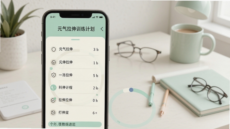 元气拉伸个性化训练计划页面,手机屏幕显示一周拉伸日程表与打卡进度环形图,界面配色为柔和的薄荷绿与米白色,背景为简约书桌场景,画面干净整洁,体现元气拉伸科学规划的特点