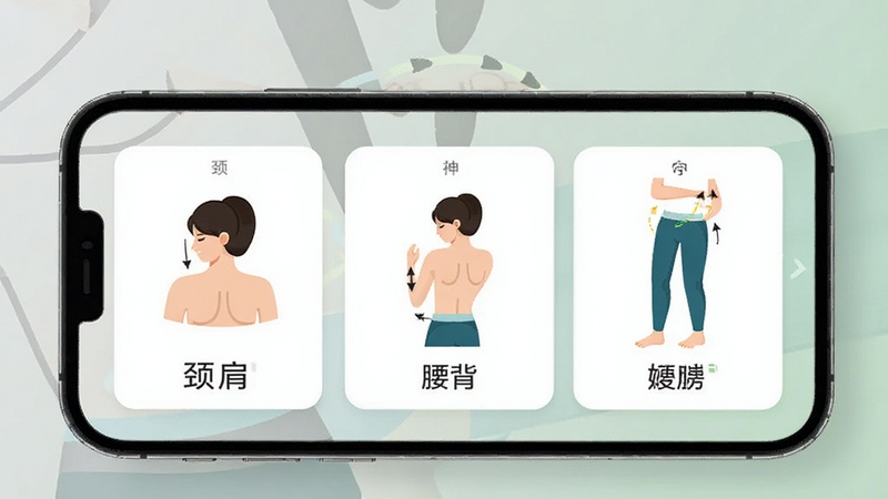 元气拉伸分部位拉伸课程界面,画面中心为手机屏幕特写,屏幕内展示颈肩、腰背、腿部三个分类卡片,每张卡片配有对应部位的人体拉伸动作插画,背景为浅灰绿色渐变,整体视觉清爽简洁,突出元气拉伸软件名称