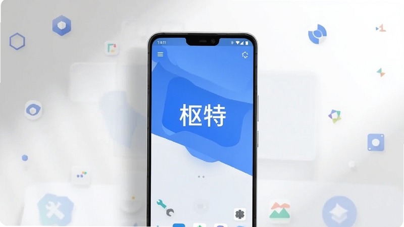 整体画面为一部安卓手机正面居中放置,屏幕中显示一款简洁的蓝色调工具类应用主界面,界面中央有枢特字样,背景为浅灰色渐变桌面与柔和光影,周围点缀少量几何图标元素,整体风格干净现代,突出枢特软件全貌,横版构图,画面主体居中偏上,背景区域简洁留白