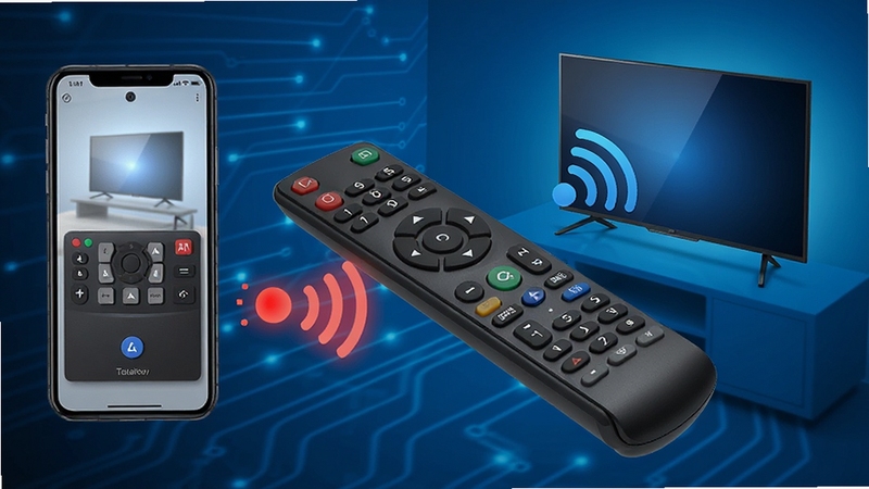 电视遥控器连接双模连接示意图,手机同时发射红外信号和WiFi信号连接电视,科技感蓝色调背景,画面主体明确,细节清晰