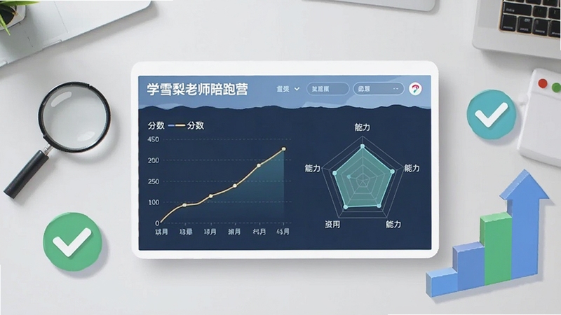画面以雪梨老师陪跑营的阶段测评报告为核心元素,居中展示一份带有分数曲线与能力雷达图的学习报告界面,周围搭配放大镜、对勾图标与阶梯状上升箭头,背景为浅灰白色办公桌面质感,光线柔和,整体呈现数据化学习反馈的专业感