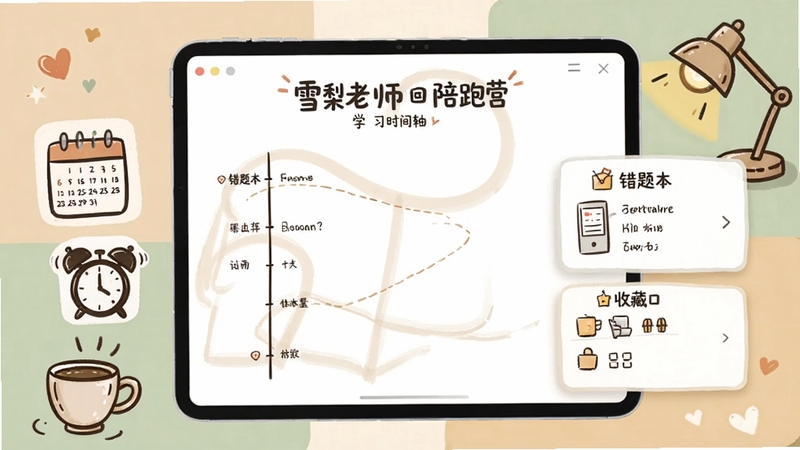 画面中央为雪梨老师陪跑营的学习记录时间轴界面,左侧排列日历与闹钟图标,右侧展示错题本与收藏夹卡片,背景采用温暖米色与淡绿色块拼接,点缀手绘风格的咖啡杯与台灯,营造轻松自律的日常学习场景
