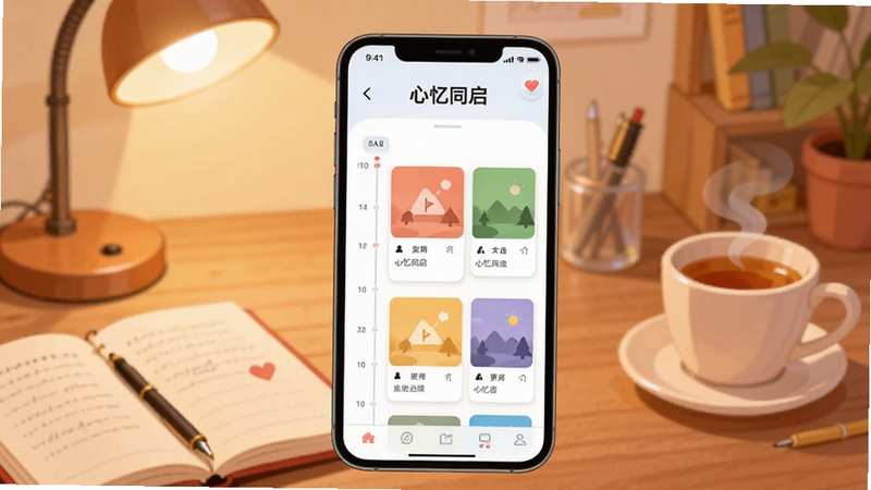 画面中心是一部智能手机,屏幕显示心忆同启应用的主界面,界面中有时间轴和彩色记忆卡片,背景是温馨的书桌一角,有台灯、笔记本和一杯热茶,整体色调温暖柔和,扁平化插画风格,高清细节,适合作为软件下载站配图
