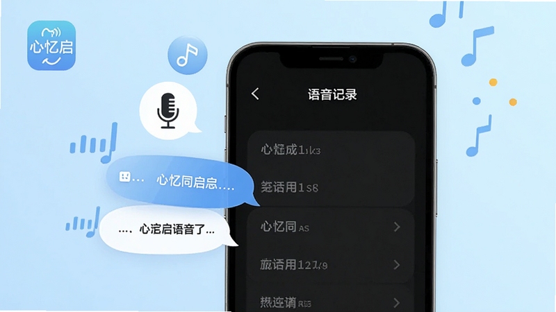 一部手机屏幕展示心忆同启的语音记录界面,旁边漂浮着麦克风图标和文字气泡,背景是浅蓝色渐变,画面中有心忆同启的图标标识,风格清新简洁,适合软件功能介绍配图