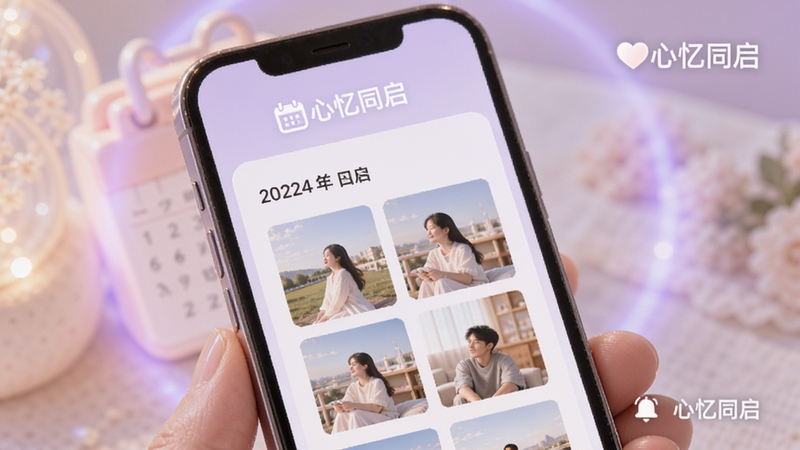 手机屏幕显示心忆同启的回顾卡片界面,卡片上有日期和照片缩略图,旁边有日历和铃铛图标,背景是淡紫色柔和光晕,画面中带有心忆同启的文字标识,整体风格温馨治愈