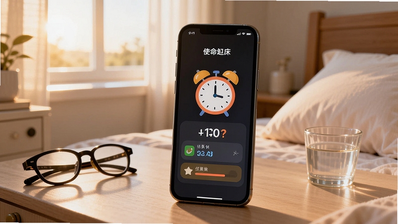 画面中心位置放置一部智能手机,屏幕上显示使命起床闹钟的卡通闹钟图标与任务挑战界面,背景区域为清晨卧室环境,柔和晨光从窗户透入,床头柜上摆放着眼镜和一杯水,整体风格清新明快,突出起床场景的真实感与软件核心功能