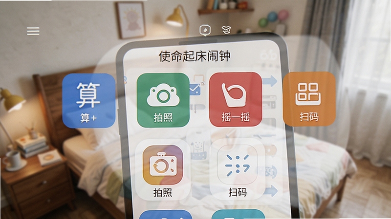 手机屏幕特写,展示使命起床闹钟的任务选择列表,包含算数、拍照、摇一摇、扫码等图标选项,界面色彩鲜明,背景为虚化的卧室环境,整体呈现科技感与实用性