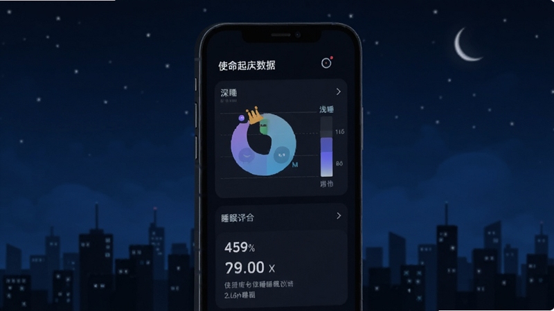 手机屏幕显示睡眠数据图表,包括深睡、浅睡时间分布和睡眠评分,背景为深蓝色夜空与城市剪影,画面风格简约科技,体现使命起床闹钟的睡眠追踪能力