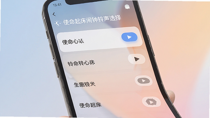 手机界面展示使命起床闹钟的铃声选择页面,列表中排列着多种铃声名称与播放按钮,背景为柔和渐变色彩,画面风格清新简洁,突出个性化设置功能