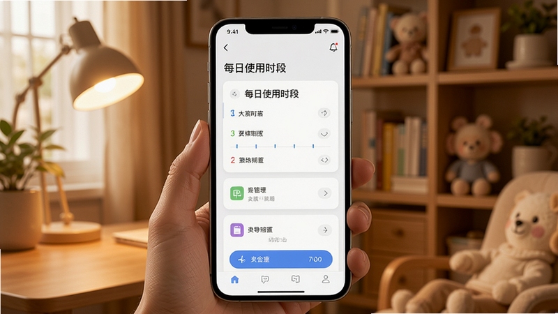 家长管家软件时间规划功能界面展示,手机屏幕中呈现每日使用时段设置面板,背景为温馨家庭书房环境,柔和的暖色调光线,界面卡片式布局清晰,画面简洁现代,适合软件下载站配图使用