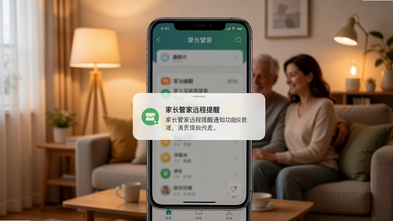 家长管家远程提醒通知功能示意,手机界面弹出温和的消息提醒卡片,背景为家庭客厅场景,暖色灯光,画面温馨自然,突出通知弹窗细节与界面层次感