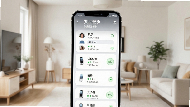 家长管家多设备绑定管理界面,手机屏幕展示设备列表与在线状态标识,背景为简约现代家居环境,浅色调,画面整洁有序,突出多设备管理卡片布局