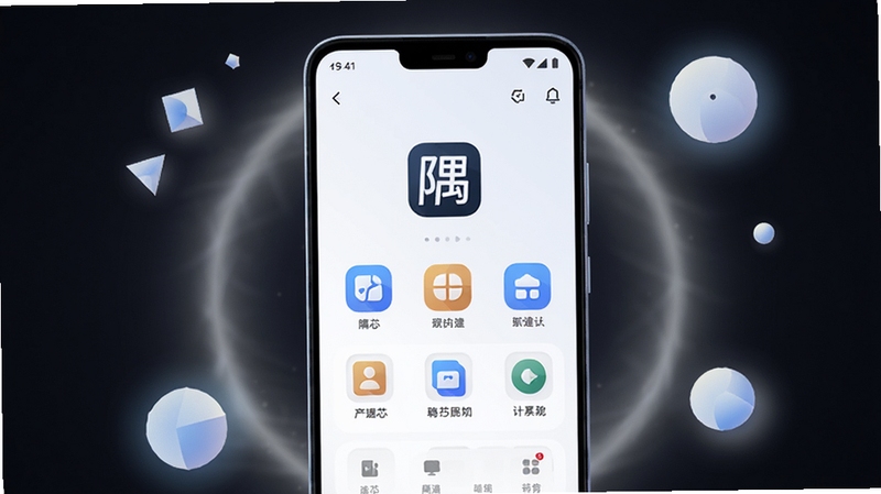 整体画面以一部居中摆放的安卓手机为主体,屏幕显示隅芯应用主界面,浅色背景干净利落,周围点缀简约的几何图形与柔和光晕,风格清爽现代,突出软件图标与功能入口,画质细腻,构图平衡