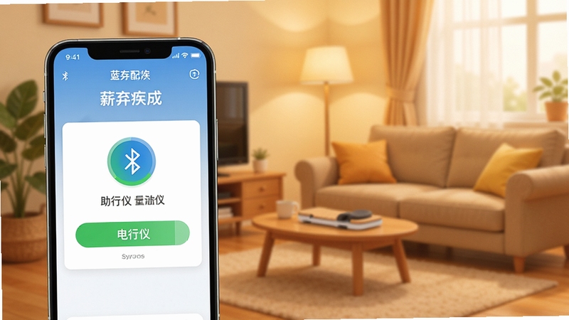 薪弃疾APP设备连接界面展示,手机屏幕显示蓝牙配对成功与助行仪电量状态,背景为居家客厅环境,暖色调,扁平化UI风格,细节清晰