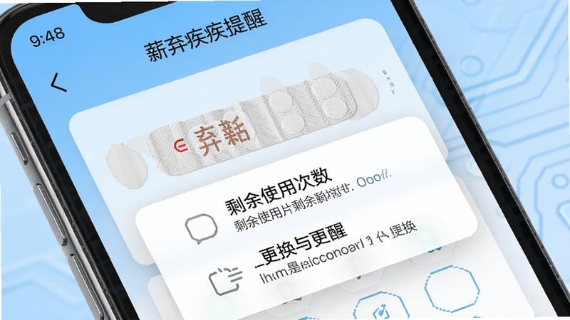 薪弃疾APP耗材提醒页面特写,手机界面显示电极贴片剩余使用次数与更换提醒弹窗,背景为浅蓝色渐变,简洁科技感,高清细节