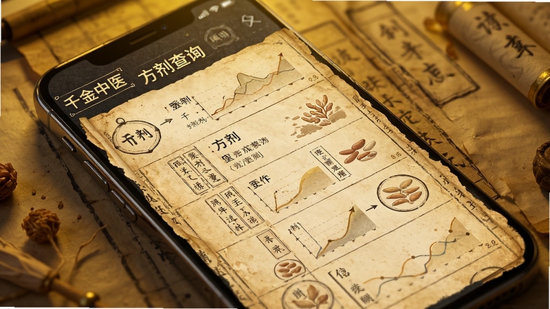 千金中医 方剂查询界面 手机屏幕展示方剂列表 古籍书页纹理背景 暖黄光效 信息图表风格