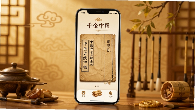千金中医 手机应用主界面 中医古籍与现代手机结合 居中构图 暖色调背景 中医文化元素点缀 高清产品展示风格